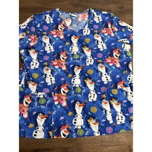 Disney Scrub Top Womens 2XL Blue Frozen II Olaf V-Neck Plus Size Medical Nursing